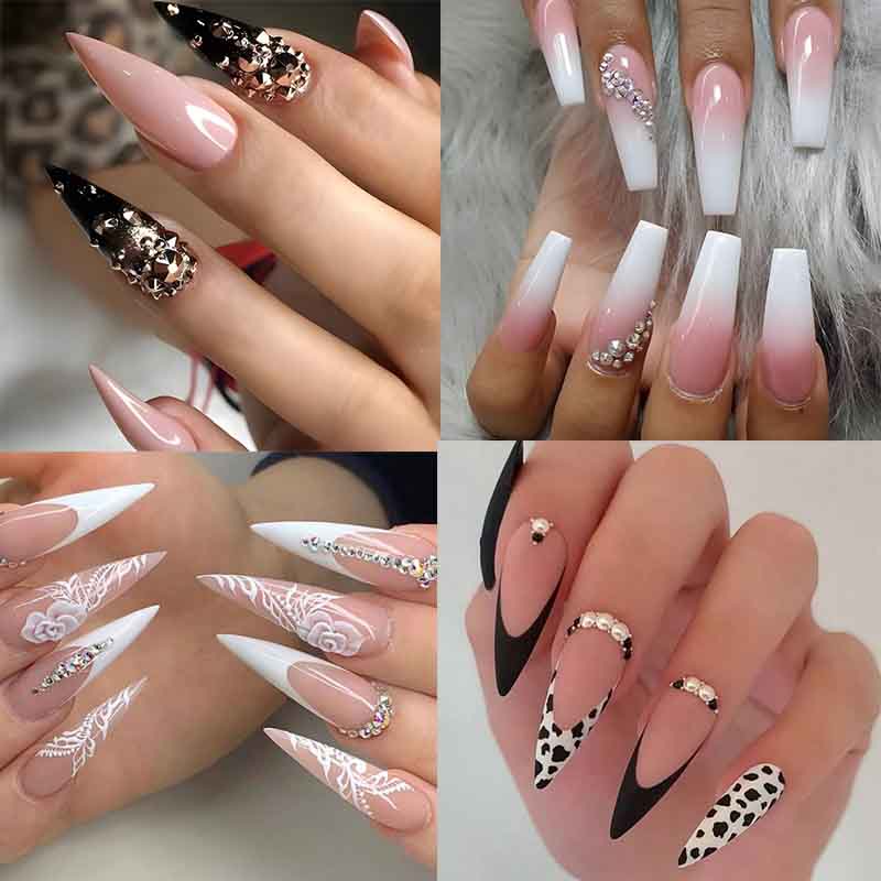 24 Peças unhas postiças decoradas largas unha postiça realista em gel bailarina Falsos Com Cola De Diamantes em Oferta na Shopee