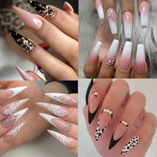 24 Peças unhas postiças decoradas largas unha postiça realista em gel bailarina Falsos Com Cola De Diamantes em Oferta na Shopee