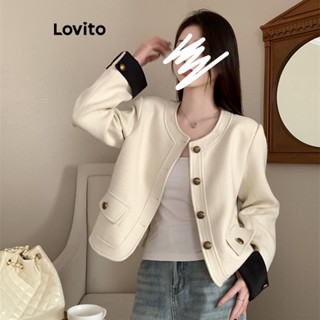 Lovito Jaqueta Casual Feminina Com Costura Em Tecido Liso E Botão Frontal De Metal Colorblock LNE36149 (Off White)