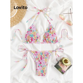 Lovito Conjunto De Biquíni Elegante Ditsy Floral Smocked Com Renda Para Mulheres LNL43036