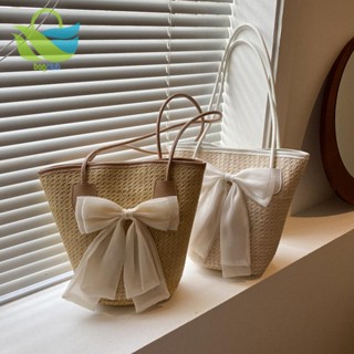 [Bagclub.br] Bolsa De Mão De Palha Tecida Feminina Férias Para Senhoras De Praia Ombro Com Laço Casual