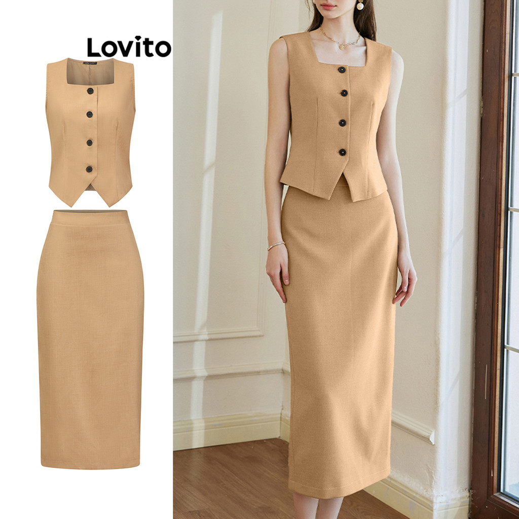 Lovito Top ou inferior feminino elegante com botão liso e zíper L92MD907 - Women Clothes