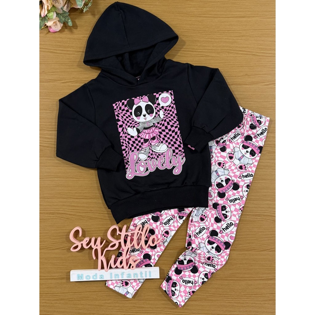 Conjunto Infantil Cinti Inverno Calça Legging e Moletom Flanelado Preto Panda