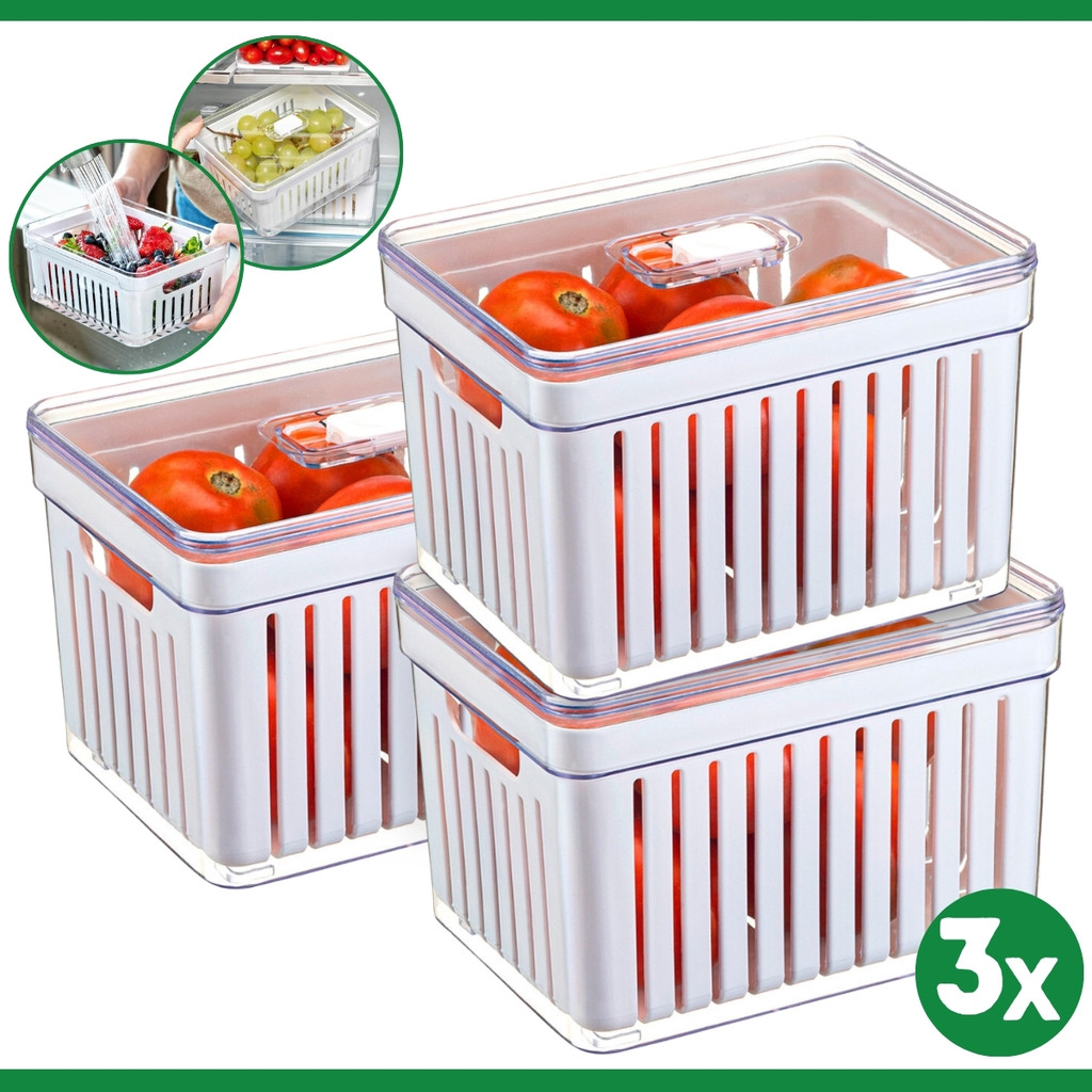 Kit 3 Organizador de Geladeira 3,8 Litros Cesto Com Tampa Multiuso Alimentos Verduras e Vegetais