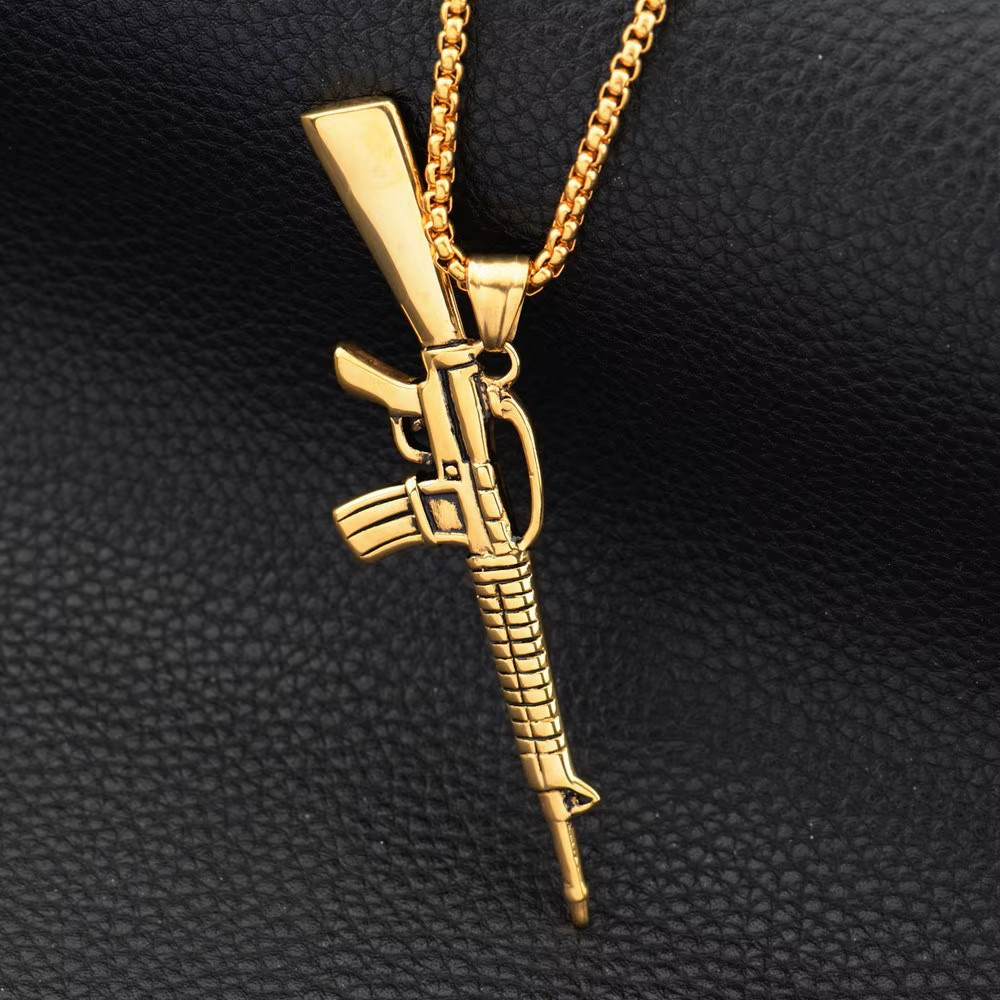 Pingente aço inox com corrente Metralhadora Arma Hip Hop Fuzil Segurança Defesa Mc