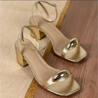 Sandalia Salto Bloco Feminina Salto médio grosso casual Sandália enfeite dourado delicado em Oferta na Shopee