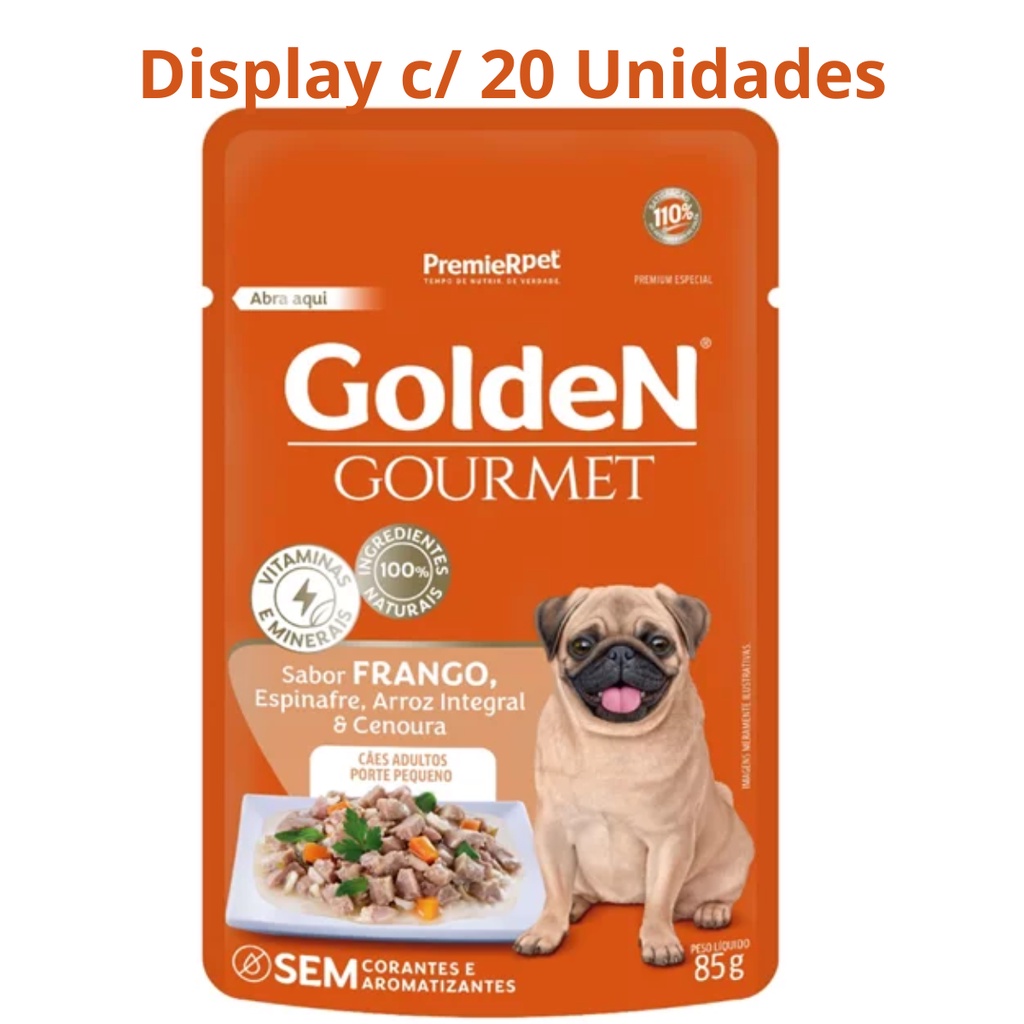 Sache Golden Gourmet Cães Adutos Raças Pequenas Frango, Espinafre, Arroz e Cenoura 85g - Display com 20 Unidades