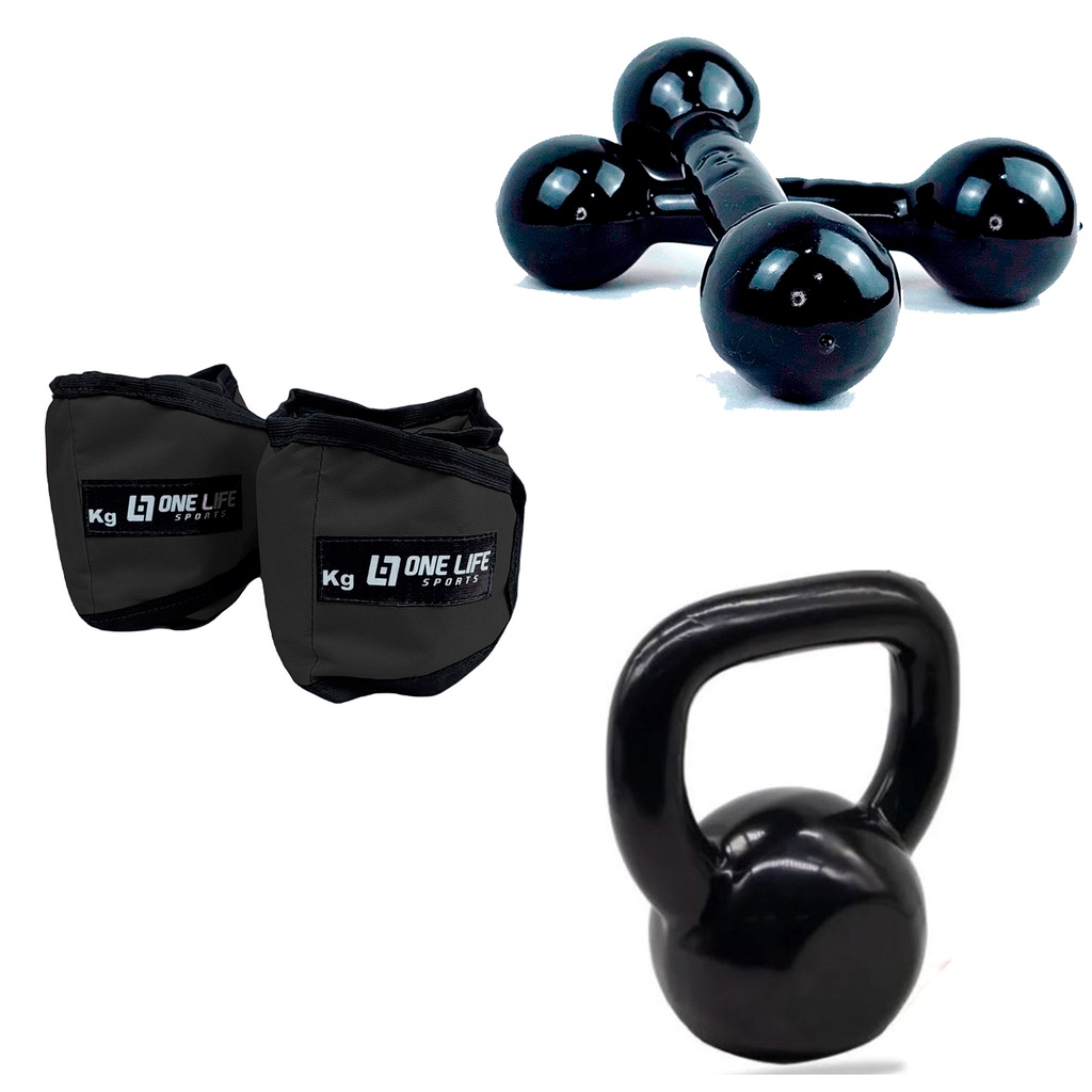 Kit Treino Em Casa - Par Caneleira 5 Kg + Par Halter 5Kg + Kettlebell Emborrachado 4 kg Cross Training Funcional Fitness