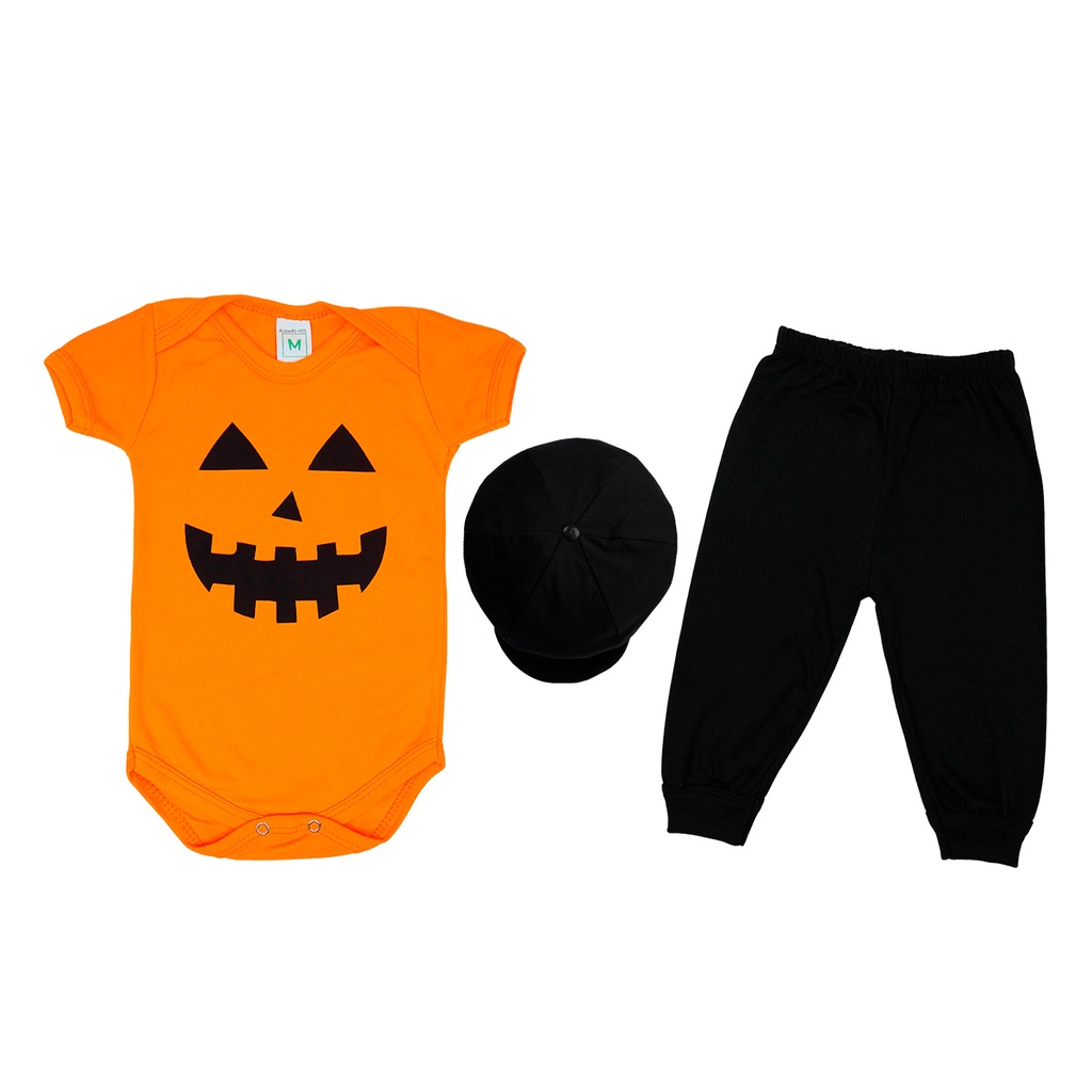 Body Fantasia de Bebê Suedine 100% Algodão Abóbora Halloween + Boina e Calça ou Shorts