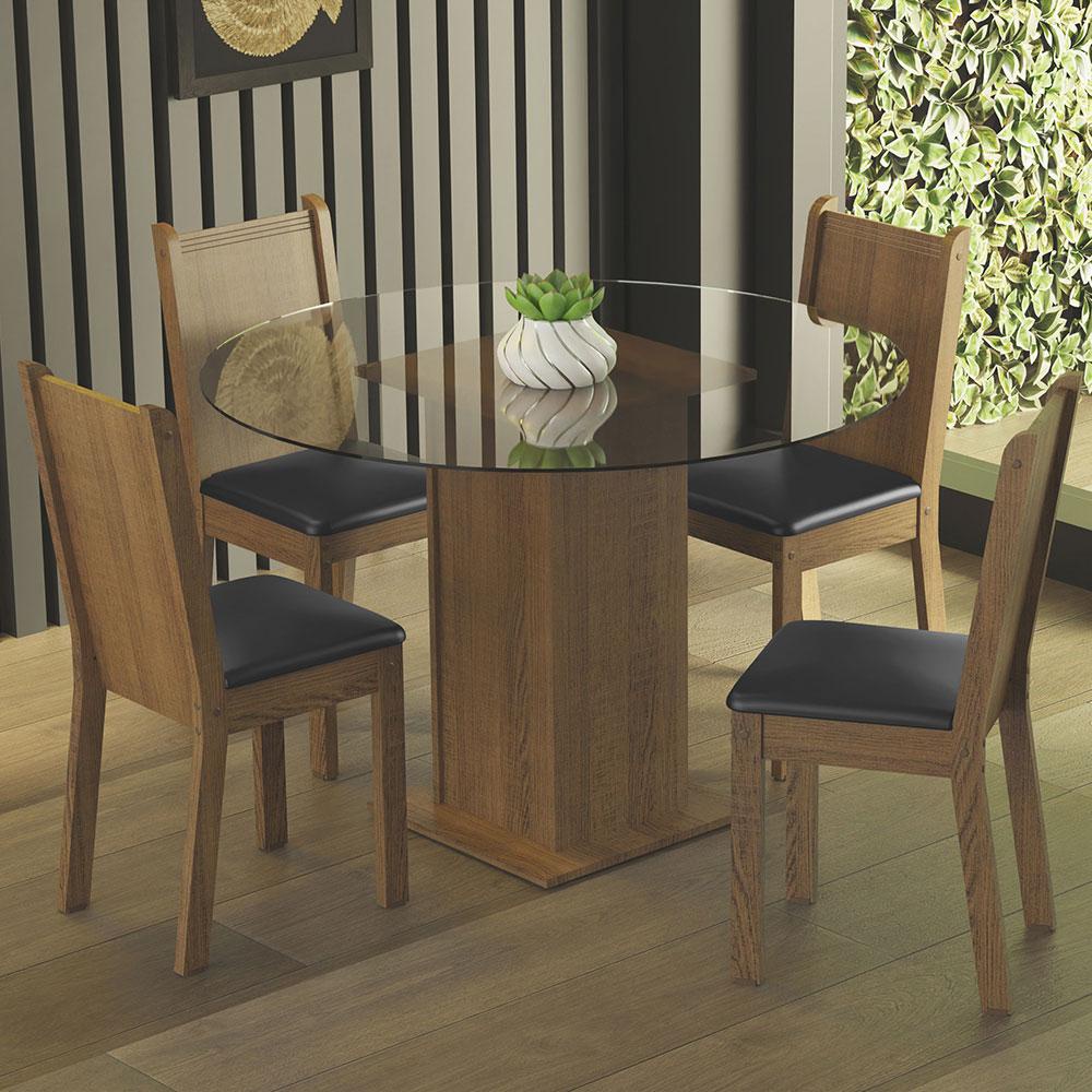 Conjunto Sala de Jantar Madesa Débora Mesa Tampo de Vidro Redondo 4 Cadeiras - Rustic/Preto