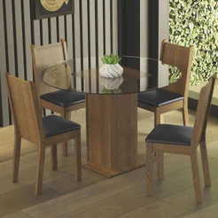 Conjunto Sala de Jantar Madesa Débora Mesa Tampo de Vidro Redondo 4 Cadeiras - Rustic/Preto