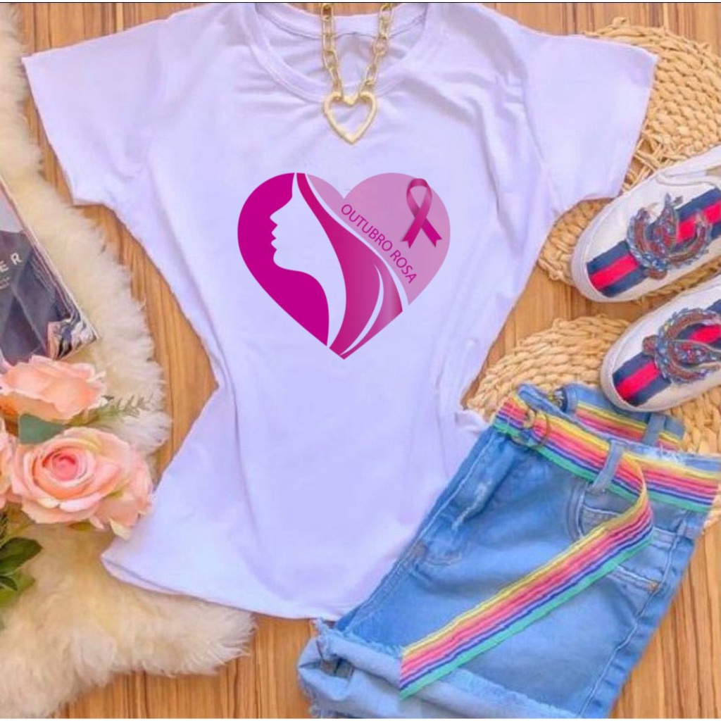 Blusa T-shirt Camiseta OUTUBRO ROSA CORAÇÃO
