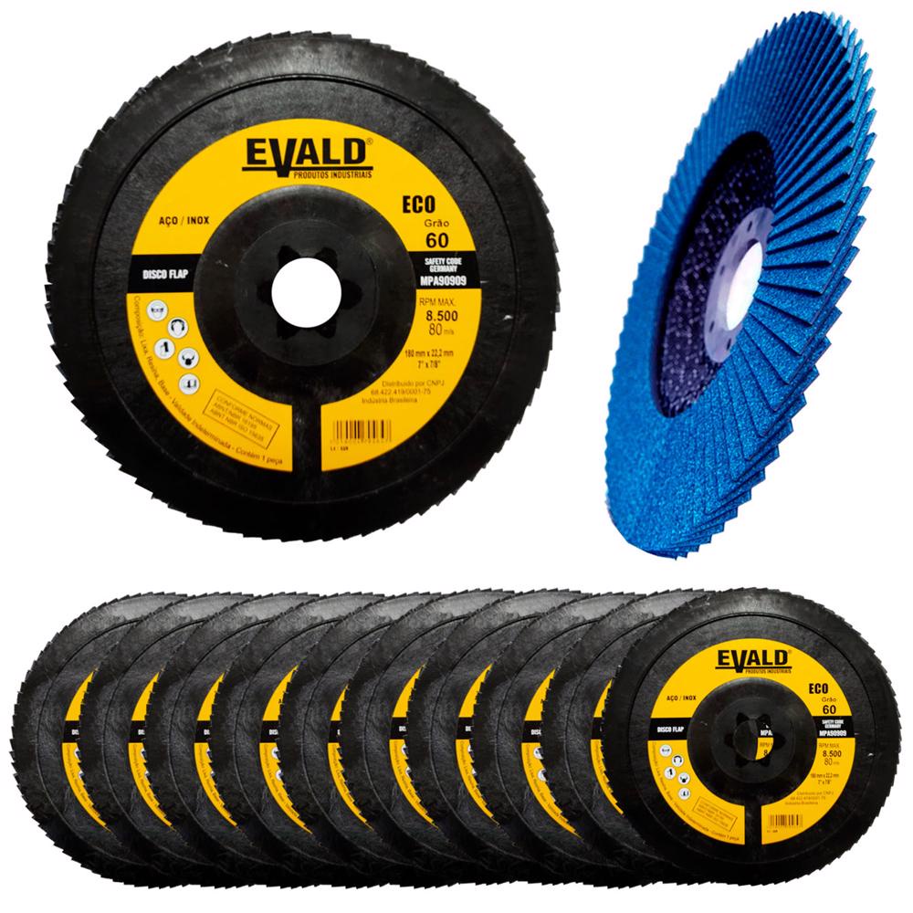 Disco de Lixa Flap Zirconio 7 POL 180 mm Aço Inox Grão 60 Kit 10 Unidades EVALD - Home & Living