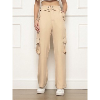 Calças femininas de estilo workwear pernas largas com múltiplos bolsos práticos detalhes de botões e cintura alta com ziper elegante com bolsos cintura alta modelo wide leg tendencia / calças feminina /diário