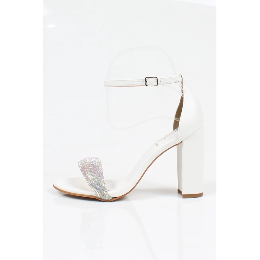 Sandália Salto Grosso Week Shoes Tira Strass Branco