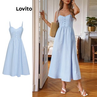Lovito Casual Vestido Feminino Listrado Alinhado com Botão Frontal L68ED150 (Azul Claro)