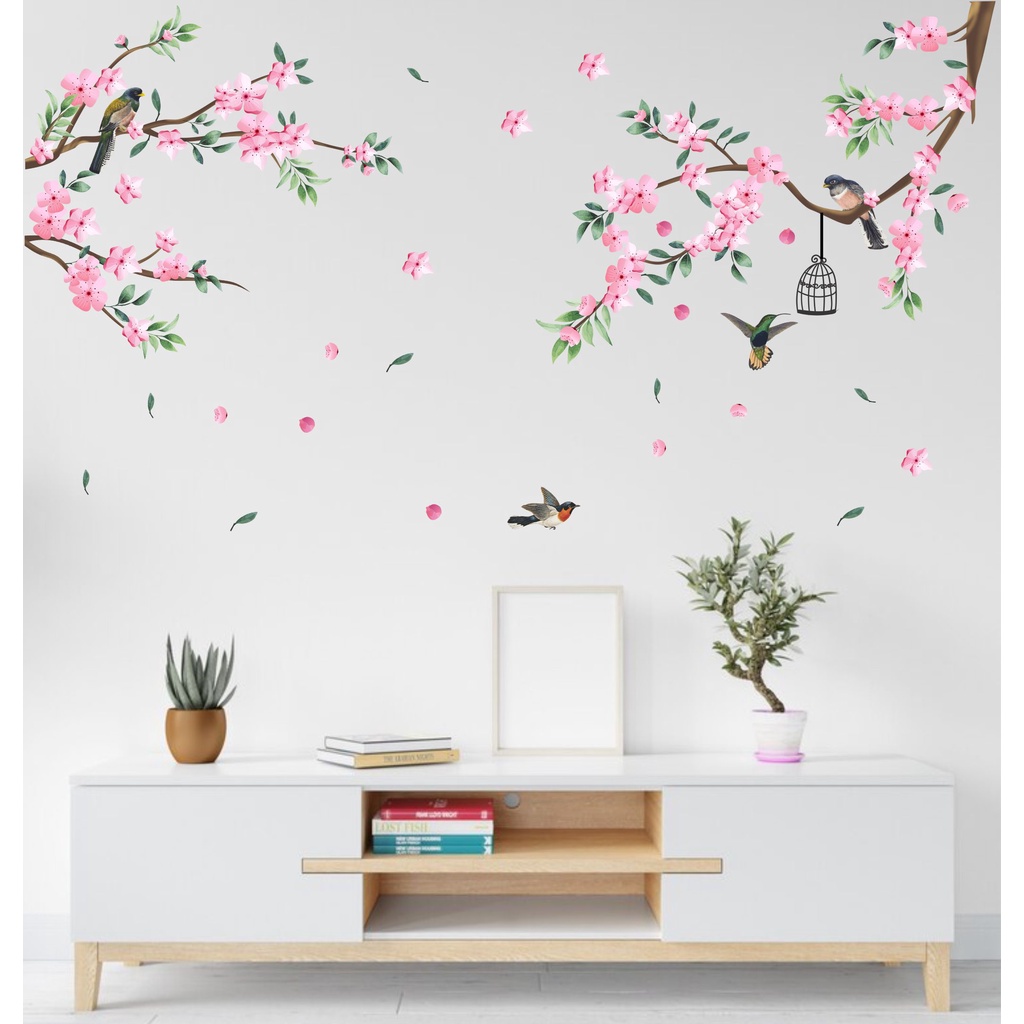 Adesivo de Parede Galho Cerejeira e Pássaros - Flores Floral Papel de Parede Auto Colante Decalque