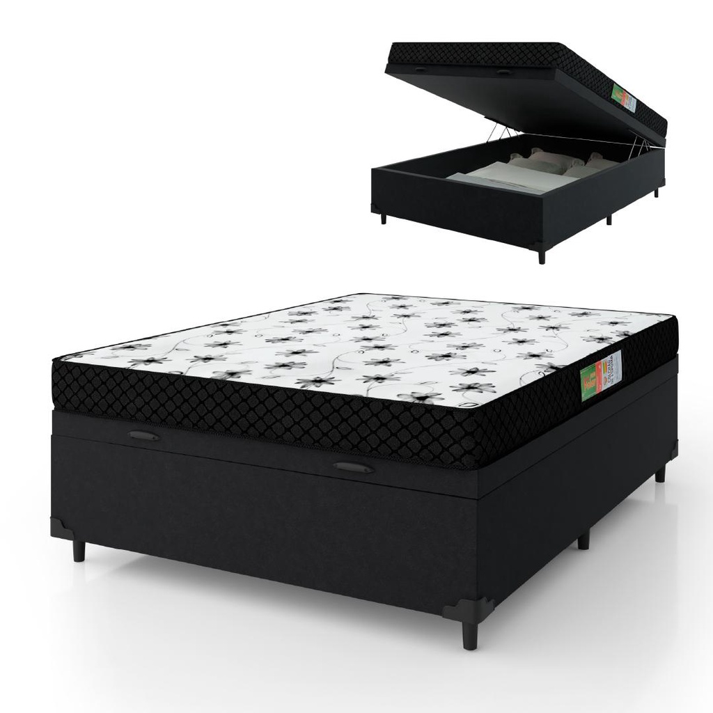 Cama Box Com Baú Casal Colchão Espuma 138x188x53cm Polar Branco / Preto - Home & Living