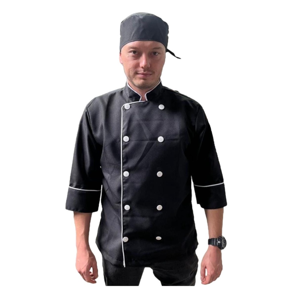 DOLMA PRETA COM FRISO E BOTÃO BRANCO P UNISSEX CHEF JALECO COZINHA