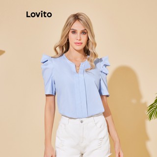 Lovito Blusa de Manga Bufante Listrada para Mulheres LBL06037 (Azul Claro)
