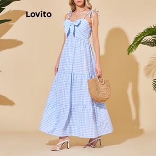 Lovito Vestido Casual com Laço Frontal de Vichy para Mulheres LBL06049 (Azul)