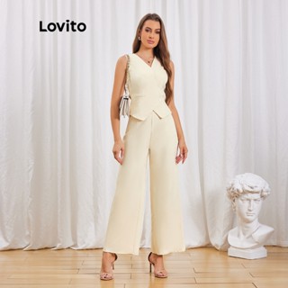 Lovito Conjunto de Calça com Botões Falsos e Assimétricos para Mulheres LBL06169 (Caqui Claro)