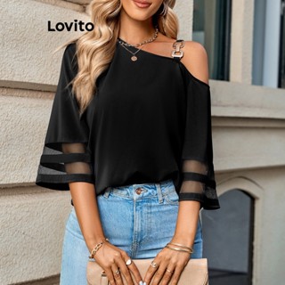 Lovito Blusa Casual Com Costura Em Tecido Liso Para Mulheres LNL35029 (Preto)