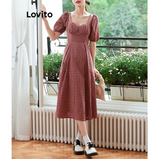 Lovito Vestido Xadrez Geométrico Plissado Casual Simples para Mulheres LNE35137 (Vermelho)