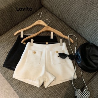 Lovito Shorts Casuais De Metal Com Bolso Liso Para Mulheres LNE35008 (Branco/Preto)