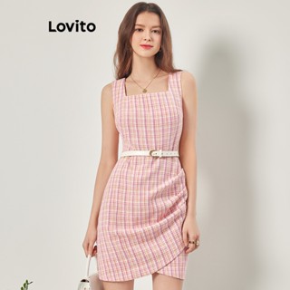 Lovito Casual Vestido Feminino Gingham Franzido L68ED156 (Rosa)