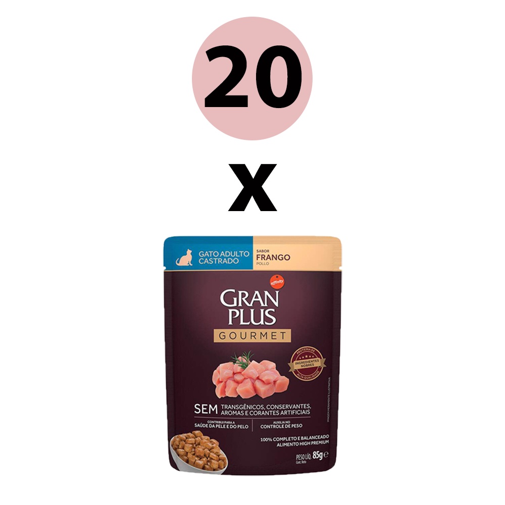 Ração Úmida Gran Plus Gourmet Gatos Adultos Castrado Frango Sachê 85g - Pets