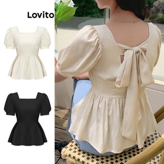 Lovito Casual Blusa Feminina Lisa com Babados e Laço Traseiro L68ED016 (Damasco)