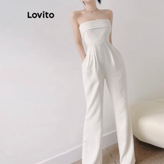 Lovito Casual Macacão Feminino Liso Plissado L68ED210 (Branco)
