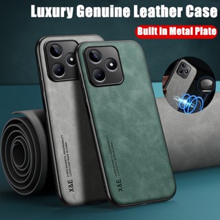 Para Realme C53 RMX3760 Slim Minimalista Caixa De Couro De Cordeiro Genuína Com Capa De Metal Embutida
