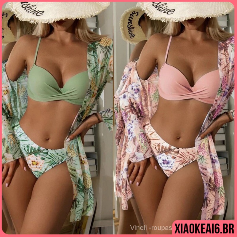 PZ7L  3 Peças Biquini Verão Feminino Moda  Floral Conjunto Novo Com Saida De Praia Impressão