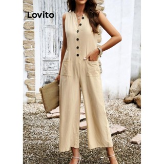 Lovito Casual Macacão Feminino Liso com Bolso e Botão LNL39079 (Cáqui/Marrom/Verde Claro/Preto)