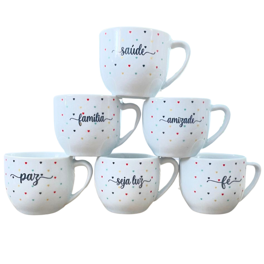 Jogo 6 Xicaras Café/Chá Cônica 170ml  Poá colorido Porcelana