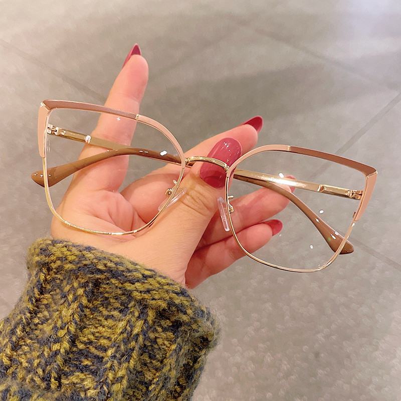 (YUZHU) Óculos De Olho De Gato Quadrado De Metal Feminino Estilo INS Anti-Luz Azul Grandes