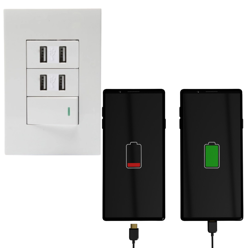 Tomada De Parede Dupla Entrada USB Bivolt Branca Multi Carregamento Tecnologia Interruptor Eficiente