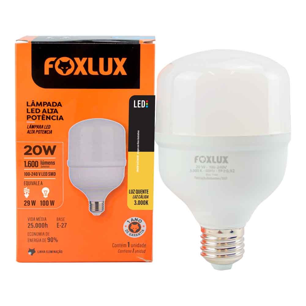 Lâmpada LED Alta Potência Foxlux 20W 3000K Branco Quente Bivolt 1600lm E27 Luz de Conforto
