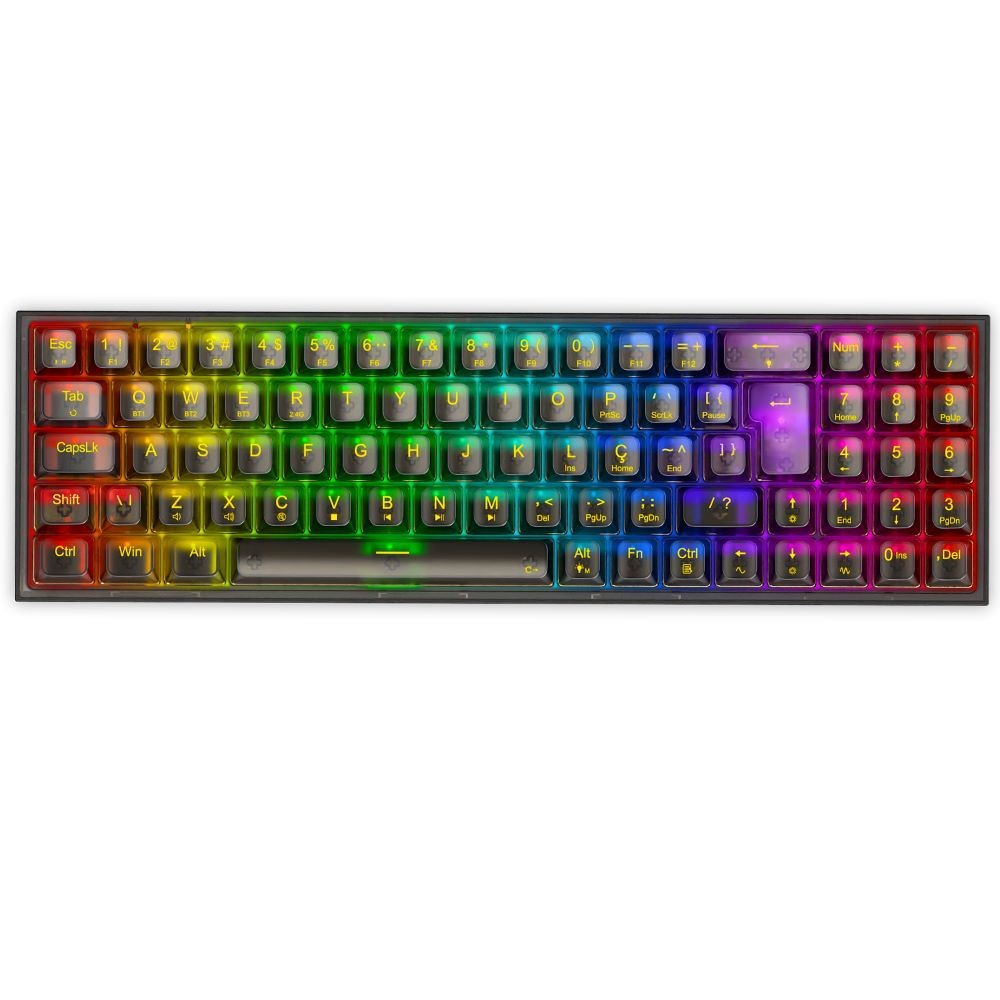 TECLADO MECANICO GAMER POLLUX PRO RGB CLEAR WIRELESS SWITCH CRYSTAL K628CTB-RGB-PRO PT PRETO