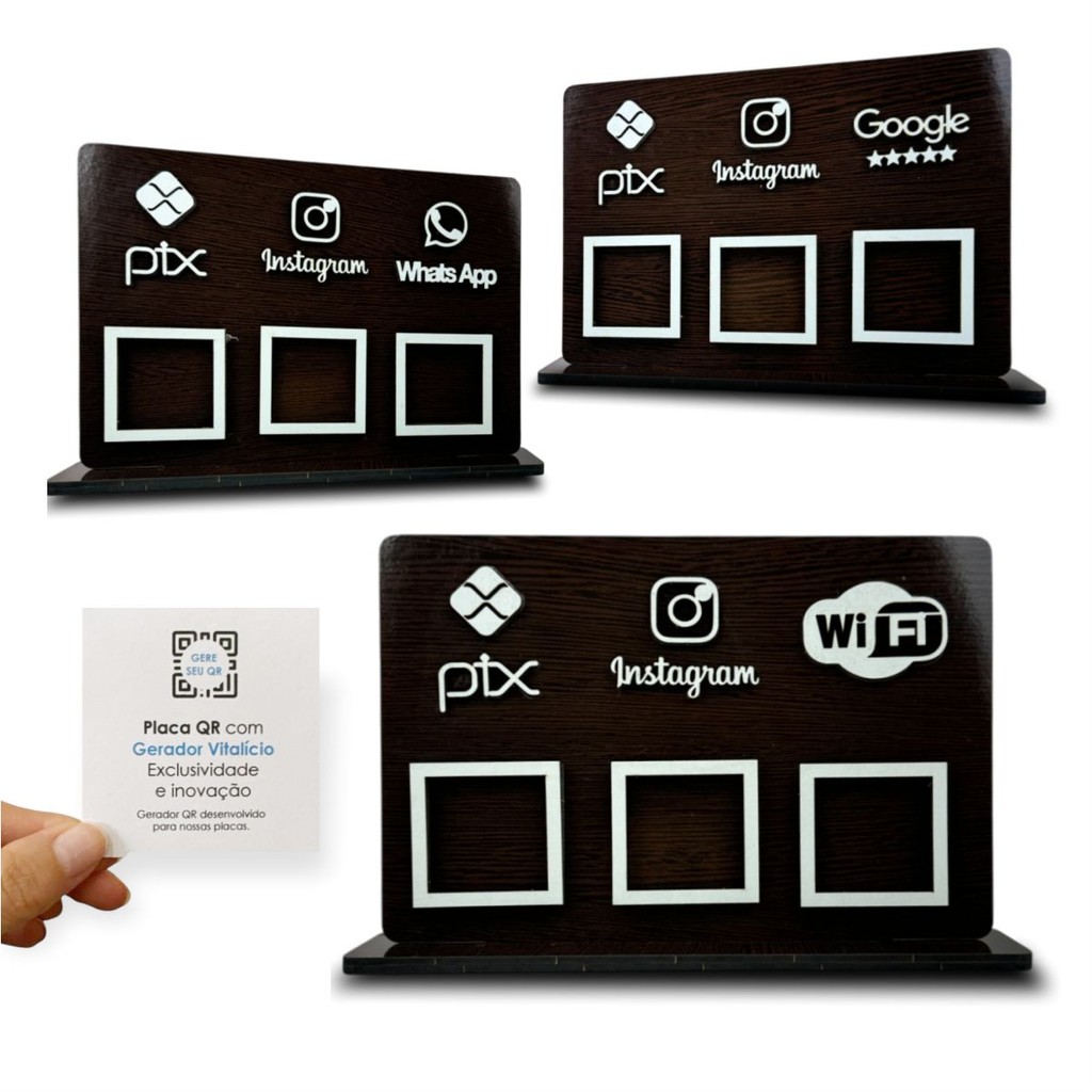 Placa 3 QR display balcão Amadeirado PIX INSTA WHATS WIFI