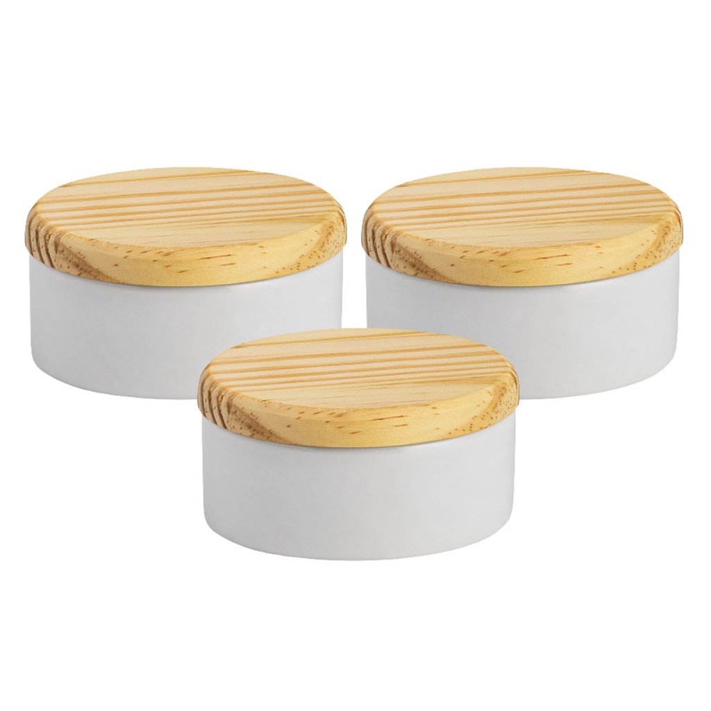 Kit 3 porta joias de porcelana tampa madeira potinho pequeno de louça 8,5 cm