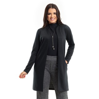 Cardigan Preto em Moletinho com Bolsos Moda Evangélica Feminino Adulto