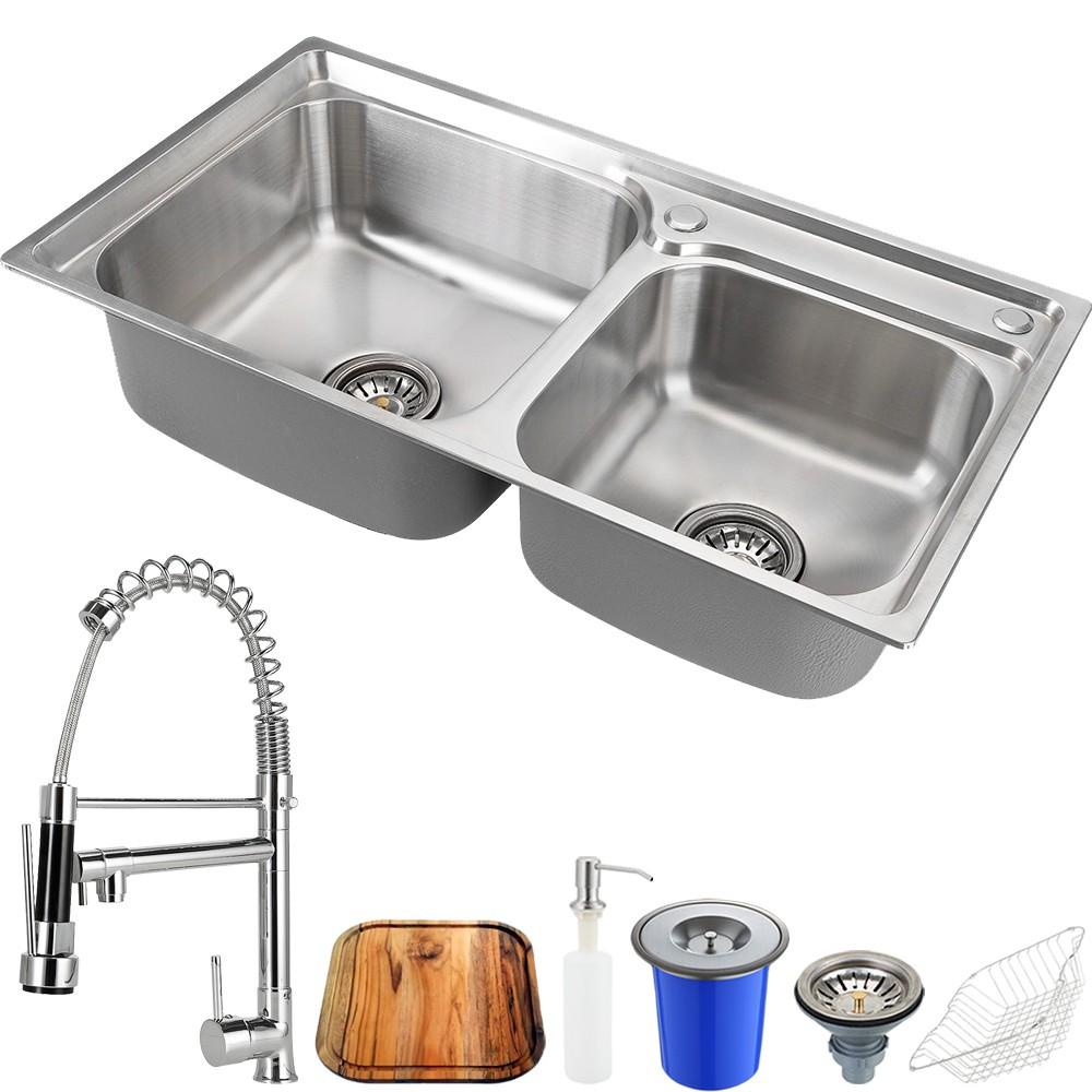 Cuba para cozinha gourmet pia dupla aço inox com acessórios tábua de corte lixeira 5L Ticunas e Torneira monocomando gou em Oferta na Shopee