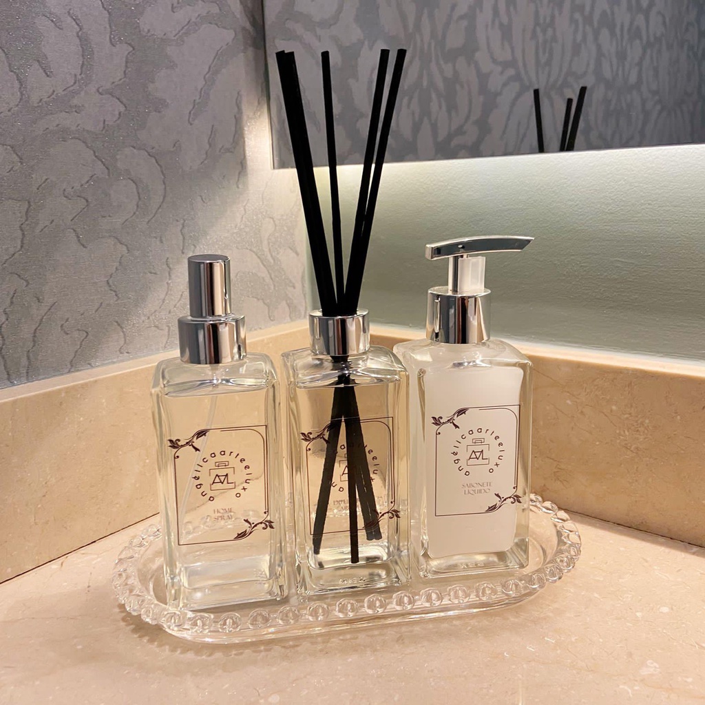 Kit Lavabo Banheiro Luxo Square Triplo Cristal 4 Peças completo COM ESSÊNCIA