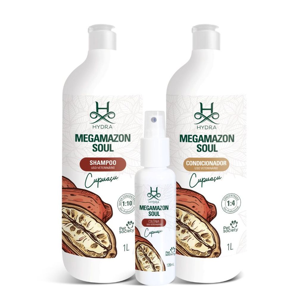 Kit Produtos Pet Cachorro Gato Hydra Megamazon Soul Cupuaçu (Shampoo, Condicionador e Colônia)
