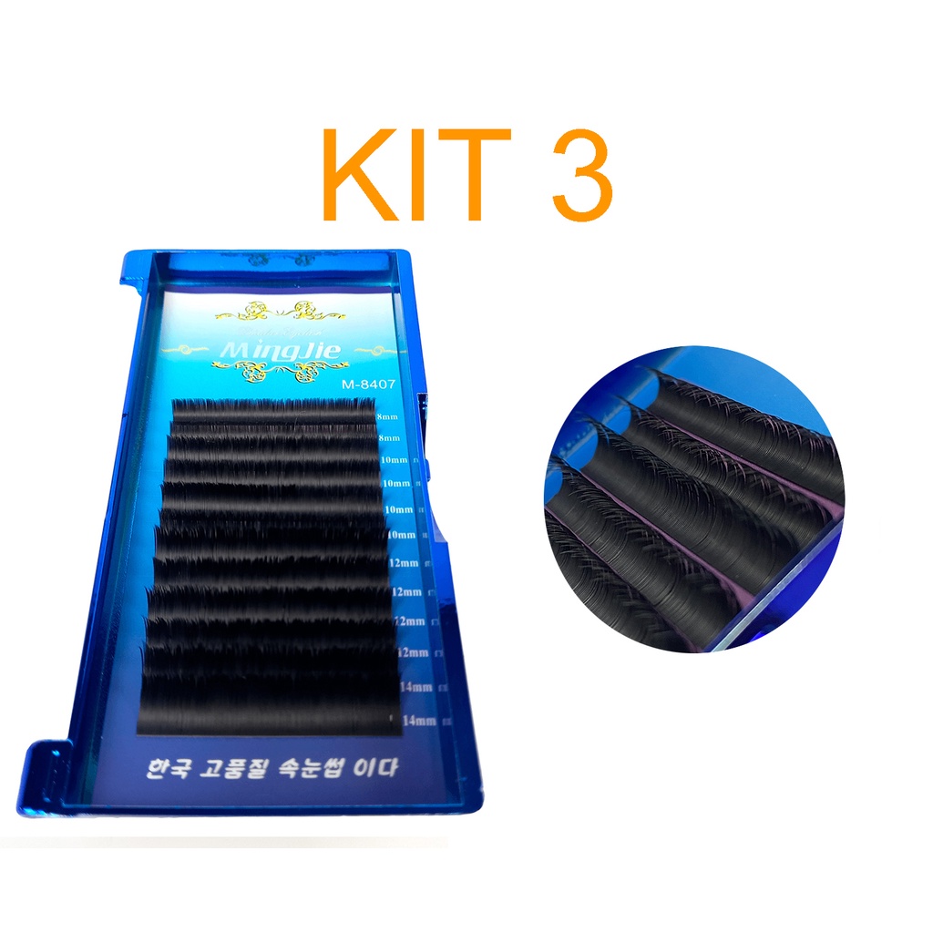 Kit 3 Cílios Fio a Fio MingJie Eyelash Curvatura D 0.15 8mm A 14mm