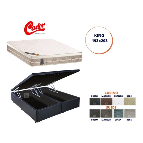 Cama Box Baú King Reforçada + Colchão Castor Firme 193x203