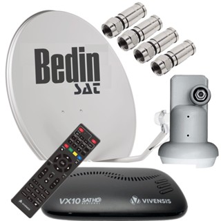 Kit De Antena Completo Com Antena Bedin + Receptor Vx10 Da Vivensis + 4 Conectores RG59 + Lnbf Simples